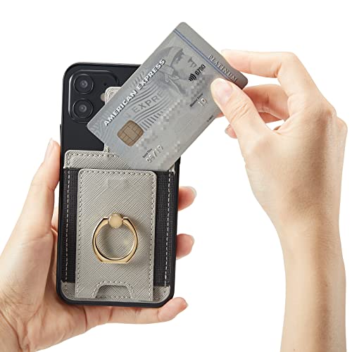 Phone Card Holder with Ring Grip for Back of Phone,Adhesive Stick-on Credit Card Wallet Pocket for iPhone,Android and Smartphones (Gray) - color: Gray