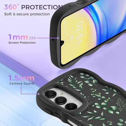 for Galaxy A15 Phone Case, Wavy Soft TPU, Black-Eucalyptus | Wavy Frame Design, Soft Slim TPU, Full Camera Lens Protection, Shockproof Phone Cover - color: Black-Eucalyptus, size: Samsung A15