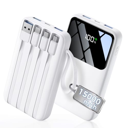 15000mAh Portable Charger Power Bank, Smaller Built-in 4 Cables White - color: White