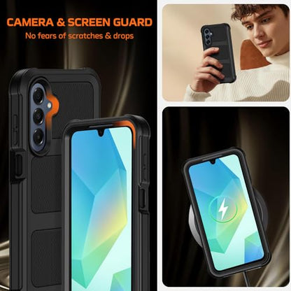 for Samsung Galaxy A16 5G Case with Belt Clip Holster & Kickstand,Military Grade Drop Tested Shockproof Heavy Duty Rugged Cover,w/2X Screen Protectors Defender Bumper Protective Cases (Black) - color: Black