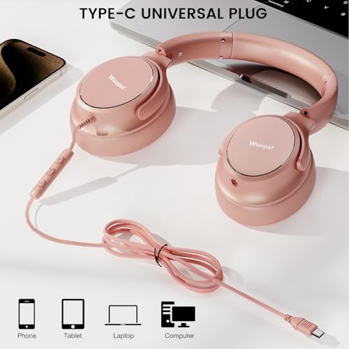 USB C Wired Over-Ear Headphones with Microphone - color: New Rose Gold