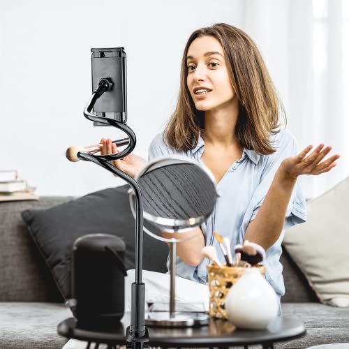 Cell Phone & Tablet 2 in 1 Clip Stand Holder with Flexible Long Arm Gooseneck Bracket Mount Clamp for iPad,iPhone,Switch, Kindle Fire, 4.7''-10.5'' Devices, for Bedroom,Office,Desktop,Kitchen (Black)