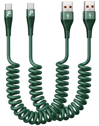 USB C Cable Fast Charging 60W 5FT 2Pack Coiled USB A to USB C Cable for Car - color: Green, size: 5FT, style: USB A to USB C