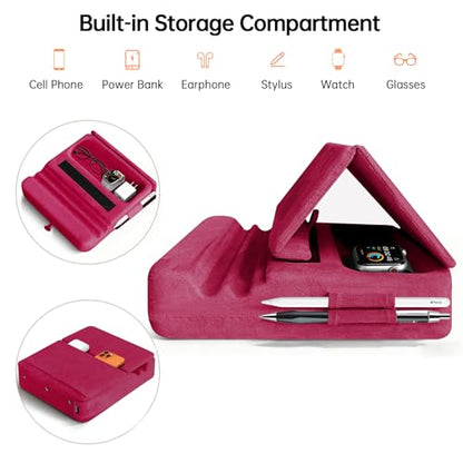 Tablet Pillow Stand with Storage, Foldable iPad Holder for Lep, Bed, Sofa, and Desk - Soft Pad Dock with Pocket and Stylus Mount Compatible with 4-13" iPad Pro/Air/Mini, Galaxy Tab, Kindle (Red) - color: Red