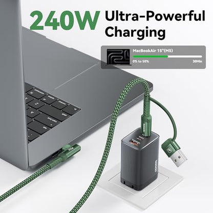 240W USB C to USB C Cable 10FT 2Pack, 2-in-1 Right Angle, Fast Charging - color: Green