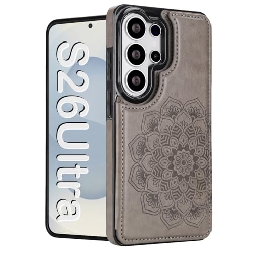PASNEW S26 Ultra Wallet Case,6.9 inch,Gray | Card Holder, Floral Double Magnetic, PU Leather, Kickstand, Flip Cover - color: Gray, size: S26Ultra【6.9"】