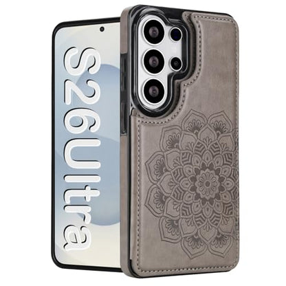 PASNEW S26 Ultra Wallet Case,6.9 inch,Gray | Card Holder, Floral Double Magnetic, PU Leather, Kickstand, Flip Cover - color: Gray, size: S26Ultra【6.9"】