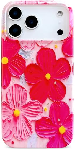 Qokey Case for iPhone 17 Pro Max, Cute Exquisite Stylish Artistic Printed Flower Laser Beam Glossy Pattern Durable TPU Protective Phone Cover for Girls Women, Pink Rose - color: Rose Pink Artistic Flower