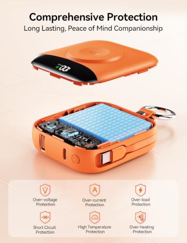 Portable Charger 10000mAh 22.5W Power Bank Built-in 2 Cables Keychain - color: Orange