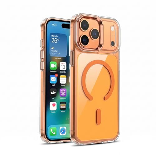 for iPhone 17 Pro Max Clear Case with Electroplated Camera Ring & Buttons, MagSafe Compatible, Military-Grade Shockproof, Anti-Yellowing Slim Transparent Cover - color: Orange