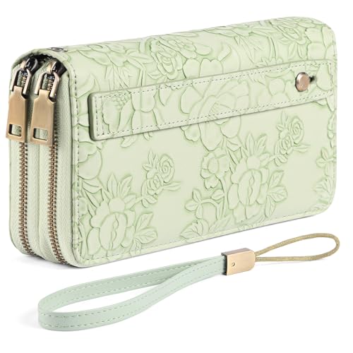 GAEKEAO RFID Leather Wristlet Wallet for Women with Grip Strap | Large capacity clutch wallet, credit card holder, wrist strap, zipper purse, travel and shopping - color: A12 Embossed Light Green-1