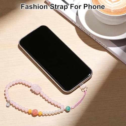 TEAMOLA Natural Stone Phone Charm - Crystal Phone Beaded Wrist Strap - color: Pink-Charm