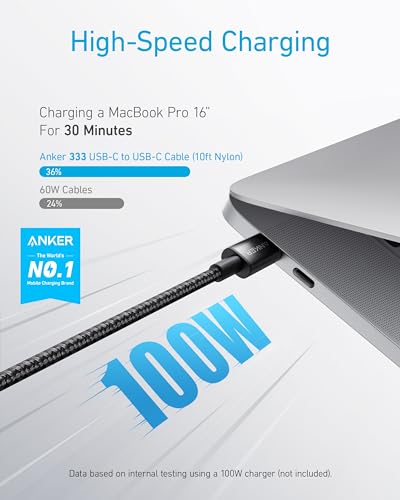 Anker USB C to USB C Cable, 100W Fast Charging Cable(1-Pack, 10 ft, Black) - color: Black, size: 10ft