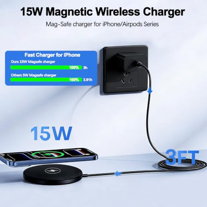 Magnetic Wireless Charger Apple Mag-Safe Charger,[Apple MFi Certified] iPhone Charger Block&15W 3FT Wireless Charging Pad for iPhone 17 Pro Max/17 Pro/17 Air/17/16/15/14/13/12,AirPods Pro 3/2(Black)