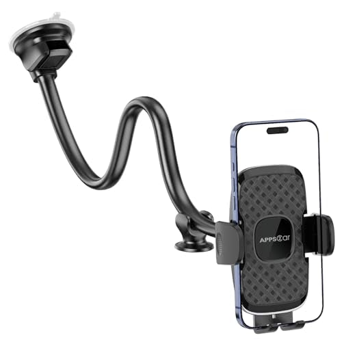 APPS2Car 14'' Gooseneck Car Truck Phone Holder, Windshield Phone Mount - color: Black Plaid + Extendable Foot Pad