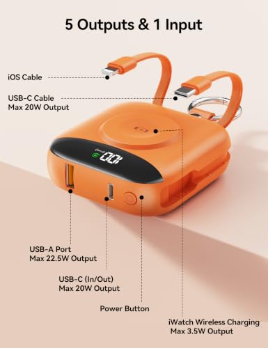 Portable Charger 10000mAh 22.5W Power Bank Built-in 2 Cables Keychain - color: Orange