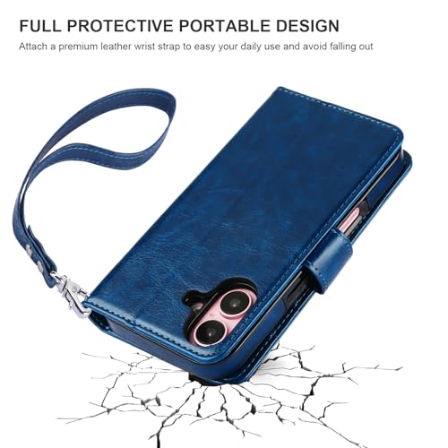 Bocasal Detachable Wallet Case Card Holder for iPhone 16, Blue | RFID Blocking Kickstand Card Slots Holder PU Leather Magnetic Shockproof Wrist Strap Removable Flip Protective Cover 6.1 inch - color: Blue