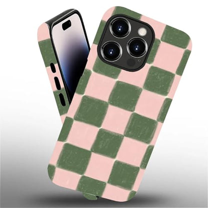 ZHEGAILIAN Case Compatible with iPhone 14 Pro,Pink and Green Checkered Design Phone Case, Matte Mixed Double-Layer Hard Shell+Soft Silicone TPU Shock Protective - color: Pink and green checkered, size: iPhone 14 Pro