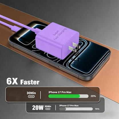 Fast Charger for iPhone 17 Pro Max, Super Fast USB C (6+6+10) FT Cables - color: Purple