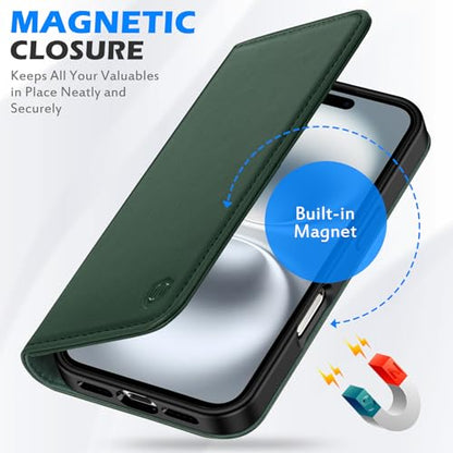 SHIELDON Genuine Leather Wallet Case for iPhone 16 6.1" 2024, Evergreen | RFID Blocking, Credit Card Holder, Magnetic Closure, Kickstand, Folio Design, Full Protection, Shockproof Phone Cover - color: Evergreen