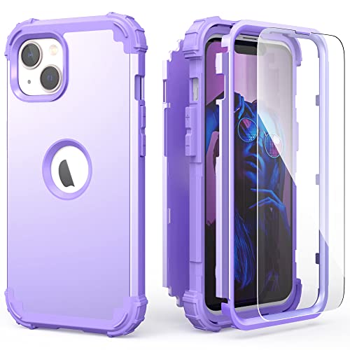 IDweel for iPhone 15 Case with Tempered Glass Screen Protector, 3 in 1 Shockproof Slim Hybrid Heavy Duty Hard PC Cover Soft Silicone Bumper Full Body Case,Purple - color: Purple
