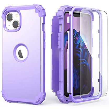 IDweel for iPhone 15 Case with Tempered Glass Screen Protector, 3 in 1 Shockproof Slim Hybrid Heavy Duty Hard PC Cover Soft Silicone Bumper Full Body Case,Purple - color: Purple
