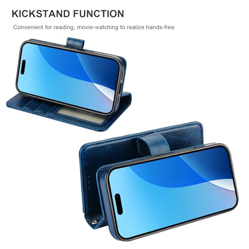 Bocasal Detachable Wallet Case Card Holder for iPhone 16, Blue | RFID Blocking Kickstand Card Slots Holder PU Leather Magnetic Shockproof Wrist Strap Removable Flip Protective Cover 6.1 inch - color: Blue