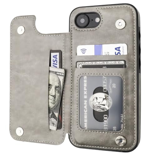 ONETOP for iPhone 17e/16e Wallet Case with Credit Card Holder,Gray | Kickstand,ID/Cash Holder,Case Wallet with Card Slots,Double Magnetic Clasp,Durable PU Leather Shockproof Cover for Women Men - color: Gray