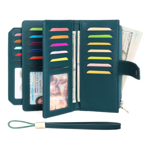GAEKEAO Womens Wallet RFID Blocking Large Capacity Vegan Leather Card Holder Wristlet Clutch with 32 Card Slots 4 ID Windows - color: X02-Blue