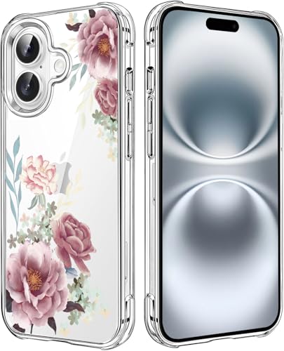 Floral Clear Phone Case Compatible with iPhone 16, Fashion Girls and Women Floral Back Case Cover, Pink Purple Flowers Transparent Flexible TPU Bumper Shockproof Protective Case - color: Peony, size: for iPhone 16
