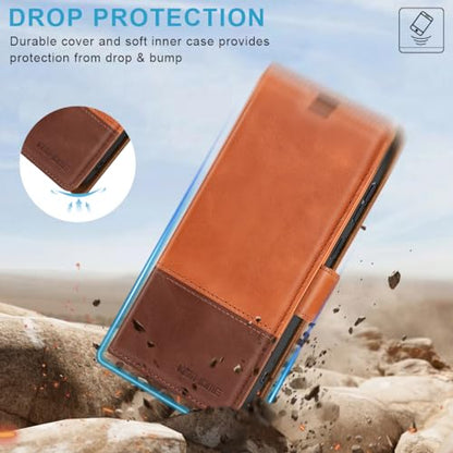 KEZiHOME Genuine Leather Wallet Case for Samsung Galaxy S24 Ultra | Khaki/Brown, RFID Blocking Card Slot, Kickstand, Magnetic Protective Phone Folio Cover, Compatible with Galaxy S24 Ultra - color: Khaki/Brown