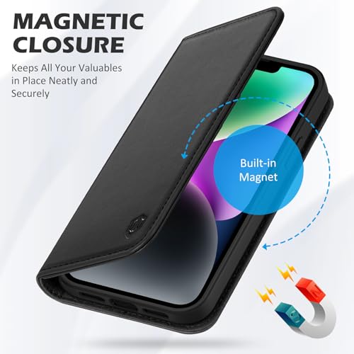 SHIELDON Genuine Leather Folio Wallet Case for iPhone 14 6.1" 2022, Black | Magnetic Closure, RFID Blocking, Credit Card Holder, Kickstand, Book Design, Shockproof Phone Cover - color: Black