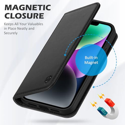 SHIELDON Genuine Leather Folio Wallet Case for iPhone 14 6.1" 2022, Black | Magnetic Closure, RFID Blocking, Credit Card Holder, Kickstand, Book Design, Shockproof Phone Cover - color: Black