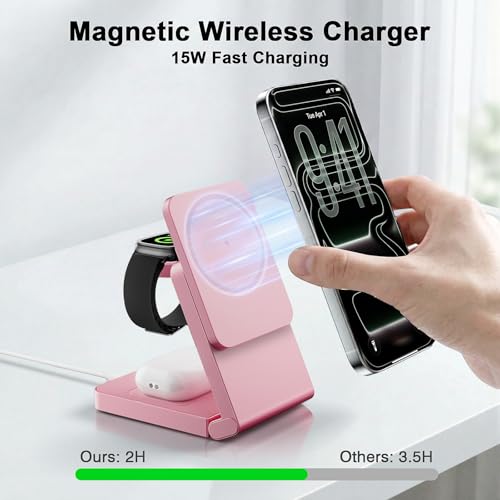 3-in-1 Charging Station for Apple Devices, Foldable Magnetic Wireless Charger Stand, Fast Charger Station for iPhone17/16/15/14/13/12 Pro Max/ AirPods2/3/4 and IWatch Ultra Series(Pink) - color: Pink