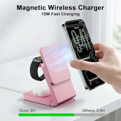 3-in-1 Charging Station for Apple Devices, Foldable Magnetic Wireless Charger Stand, Fast Charger Station for iPhone17/16/15/14/13/12 Pro Max/ AirPods2/3/4 and IWatch Ultra Series(Pink) - color: Pink