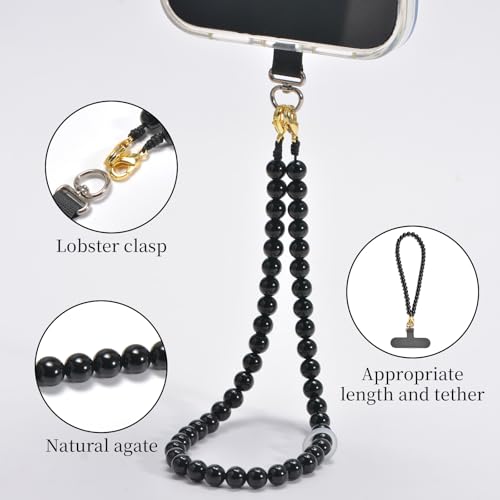 Agate Beaded Phone Wrist Strap for Women Men Stone Beads Charm Handmade Cellphone Chain Lanyard with Tether Tab - color: Black-1, size: 6mm Beads