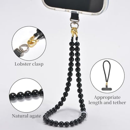 Agate Beaded Phone Wrist Strap for Women Men Stone Beads Charm Handmade Cellphone Chain Lanyard with Tether Tab - color: Black-1, size: 6mm Beads