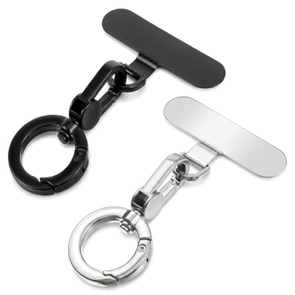2 Pack Metal Phone Tether with Spring Ring, Universal Phone Lanyard Pad, Cellphone Holder Tab, 360° Rotatable Spring Ring Holder, Strap Replacement Patch for CellPhone (Silver & Black)