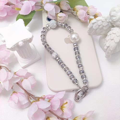 Cute Phone Wrist Strap Chic Beaded Cellphone Lanyard Phone Charm Grip Strap - color: Glitter Grey