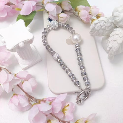 Cute Phone Wrist Strap Chic Beaded Cellphone Lanyard Phone Charm Grip Strap - color: Glitter Grey