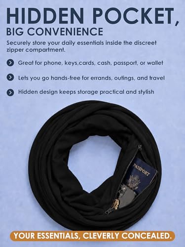 Pop Fashion Solid Color Hidden Zipper Pocket Scarf - Fashion Scarf for Women - All Seasons - color: Black