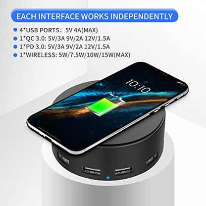 75W 6-Port Wireless Charging Station, USB-C & QC 3.0
