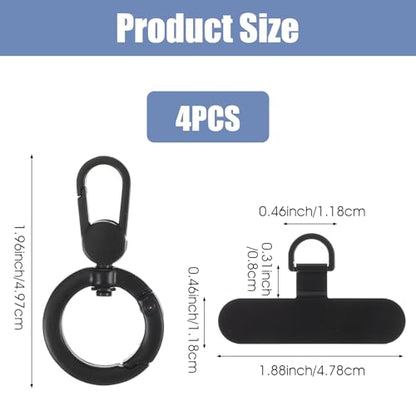 2 Pack Metal Phone Tether with Spring Ring, Universal Phone Lanyard Pad, Cellphone Holder Tab, 360° Rotatable Spring Ring Holder, Strap Replacement Patch for CellPhone (Silver & Black)