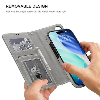 Bocasal Detachable Wallet Case Card Holder for iPhone 17, Grey | RFID Blocking Kickstand Card Slots Holder PU Leather Magnetic Shockproof Wrist Strap Removable Flip Protective Cover 6.3 inch - color: Gray