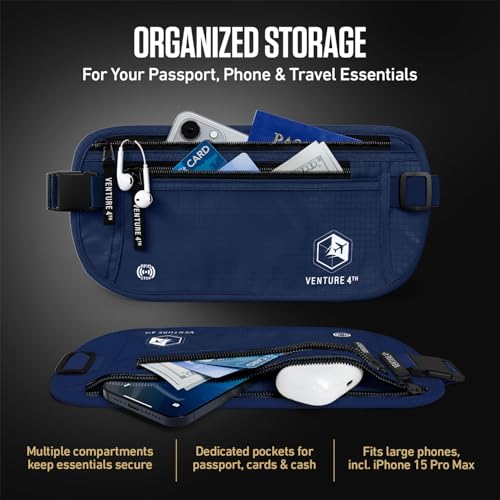 VENTURE 4TH Travel Money Belt, RFID Blocking Passport Holder - Navy Blue - color: Navy Blue