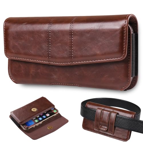 Phone Holster Compatible with iPhone 16/15/14/13/12 Pro Max and Plus, Galaxy S25/S24/S23/S22/S21/S20 Plus and FE, Leather Phone Pouch with Metal Belt Clip, L-Coffee - color: Coffee, size: Large