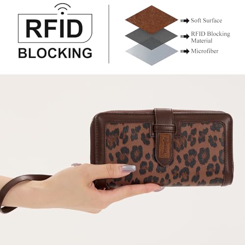 X Wrangler Women's Wallets Bifold Wristlet Wallets for Women Large Capacity Credit Card Wallet with ID Window - color: Leopard Coffee
