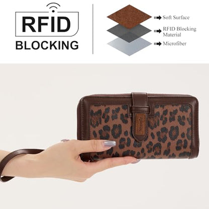 X Wrangler Women's Wallets Bifold Wristlet Wallets for Women Large Capacity Credit Card Wallet with ID Window - color: Leopard Coffee