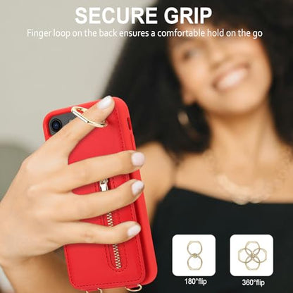 Crossbody Wallet Case for iPhone 7/8/SE 2020/SE 2022, with Card Slots Zipper Pocket Case, Flip Folio Purse RFID Blocking with Ring Kickstand Detachable Strap-Red - color: Red, size: iPhone 7/8/SE 2020/SE 2022 (4.7")