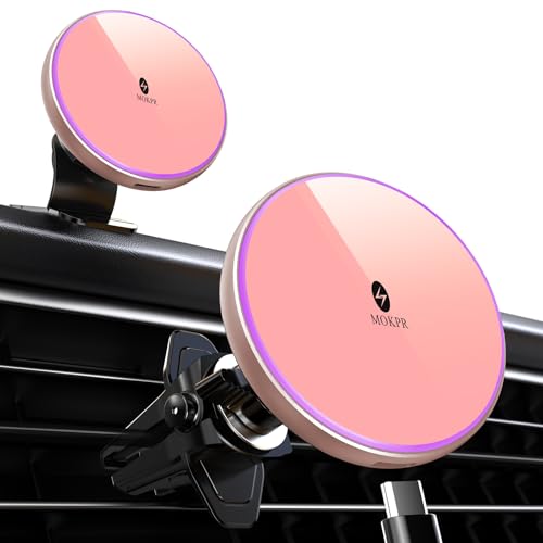 for Magsafe Car Mount Charger 15W LED RGB Car Phone Holder for Dash Vent - color: Pink